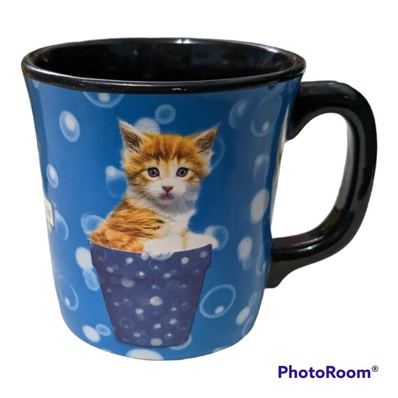 Vtg Keith Kimberlin Coffee Cup Mug Cat Kitty in Flower Pot Polka Dots Blue Black - Picture 1 of 5
